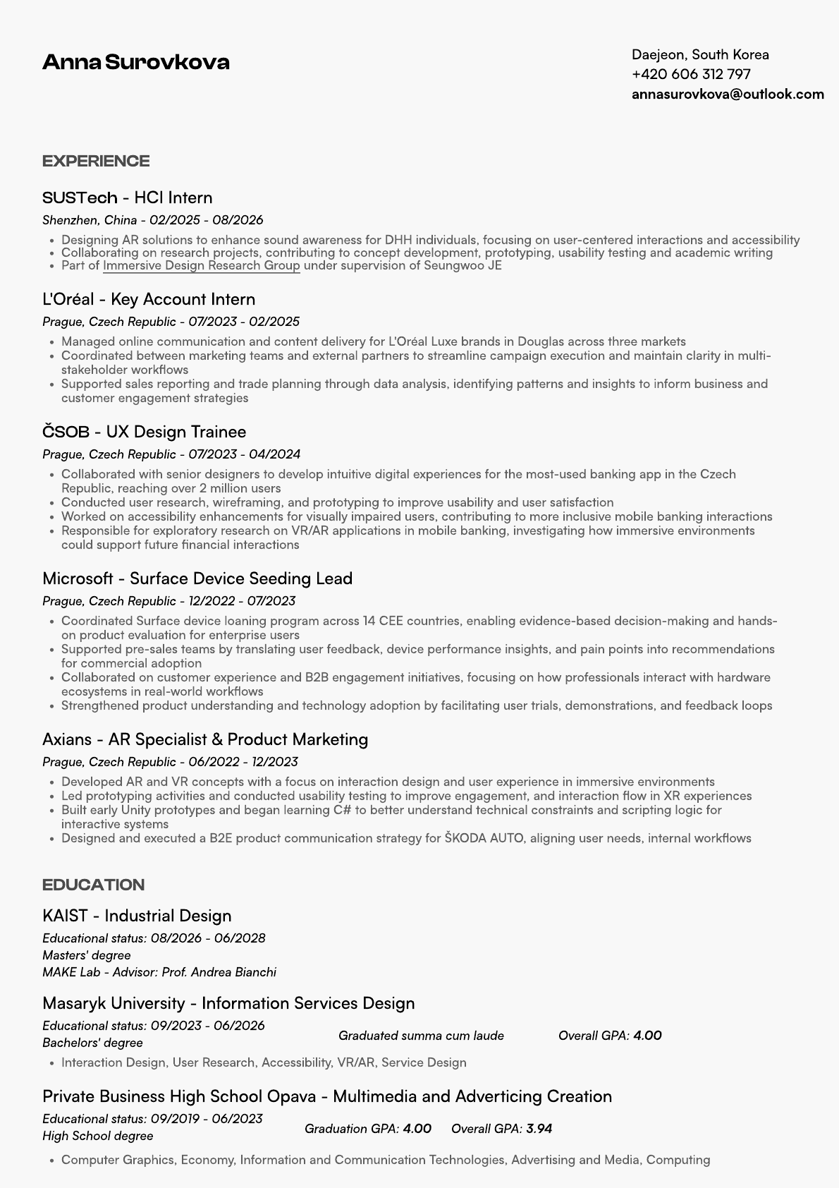Anna Surovková curriculum vitae, page 1 of 2